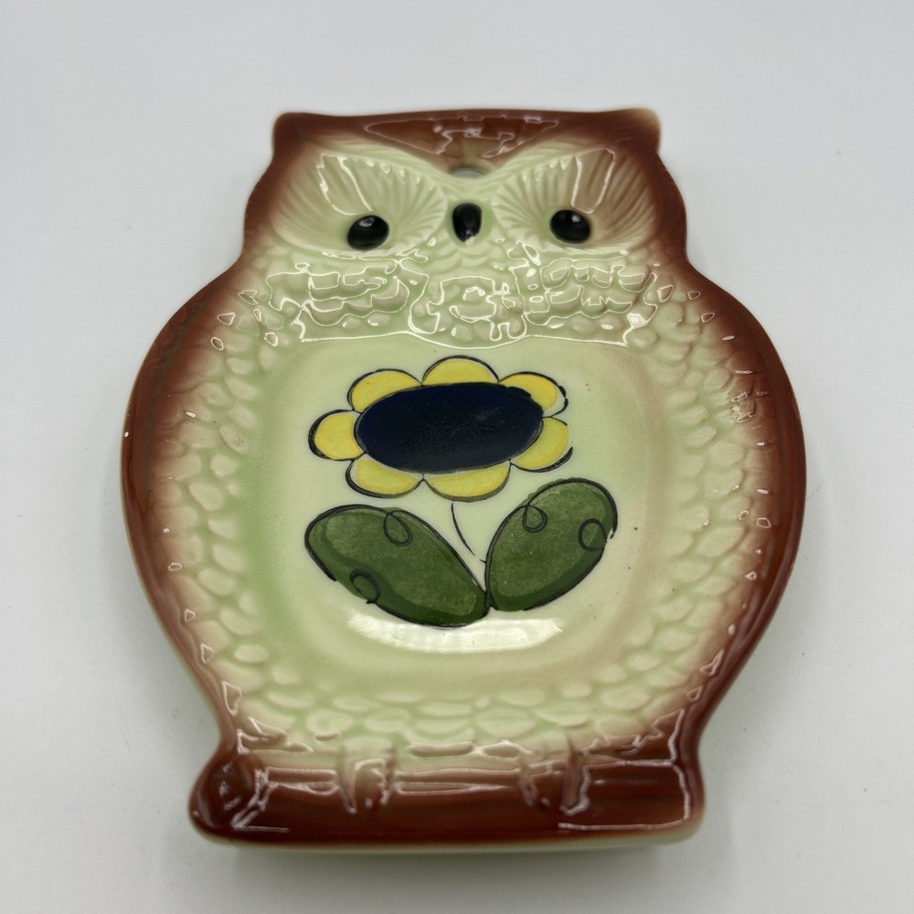 Vintage Ceramic Owl Spoon Rest Japan Yellow Sun Flower – Retro 1970s Wall Plaque